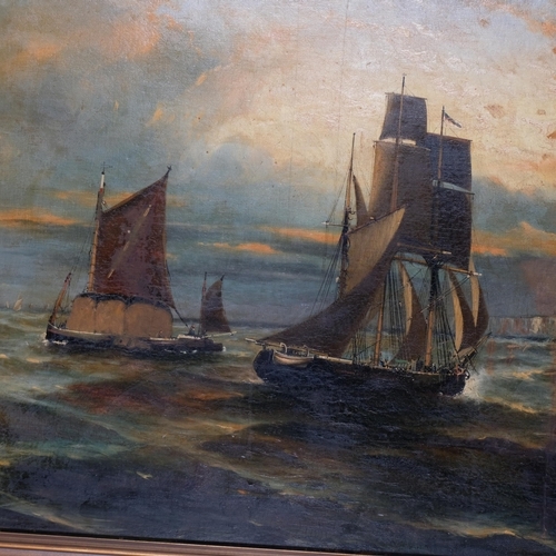 331 - Eugene Fletcher, shipping off the coast at sunset, 75cm x 125cm, framed