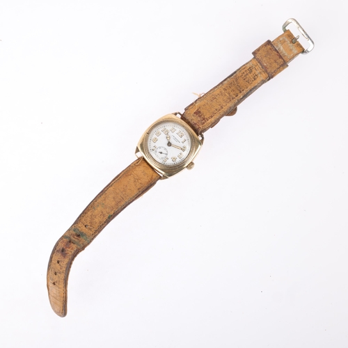 1022 - J W BENSON - an early 20th century 9ct gold cushion cased mechanical wristwatch, white dial with Ara... 