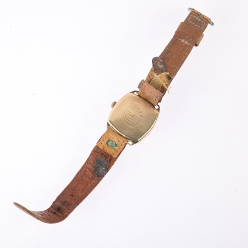 1022 - J W BENSON - an early 20th century 9ct gold cushion cased mechanical wristwatch, white dial with Ara... 