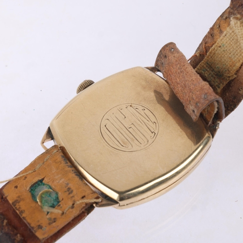 1022 - J W BENSON - an early 20th century 9ct gold cushion cased mechanical wristwatch, white dial with Ara... 