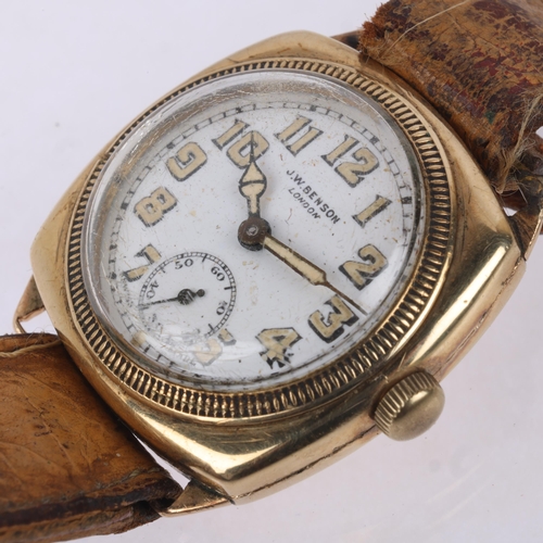 1022 - J W BENSON - an early 20th century 9ct gold cushion cased mechanical wristwatch, white dial with Ara... 