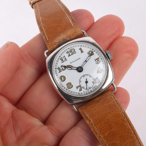 1023 - WALKER - an early 20th century sterling silver cushion cased mechanical wristwatch, circa 1920s, whi... 