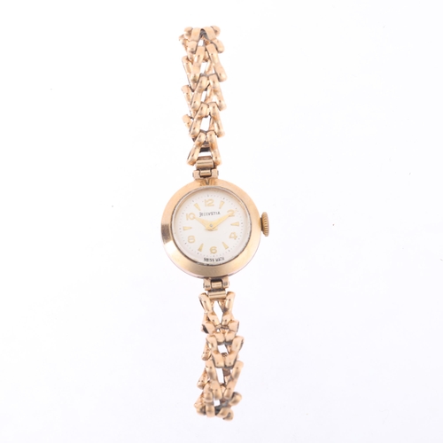 1040 - HELVETIA - a lady's 9ct gold mechanical bracelet watch, silvered dial with applied gilt eighthly Ara... 