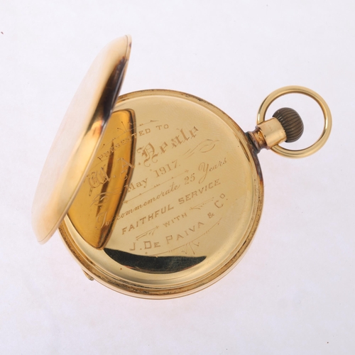 1041 - WALTHAM - an early 20th century 18ct gold full hunter keyless pocket watch, white enamel dial with h... 