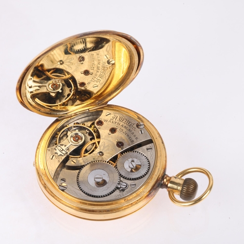 1041 - WALTHAM - an early 20th century 18ct gold full hunter keyless pocket watch, white enamel dial with h... 