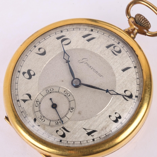 1048 - GROSVENOR - an Art Deco gold plated open-face keyless slimline pocket watch, silvered dial with hand... 