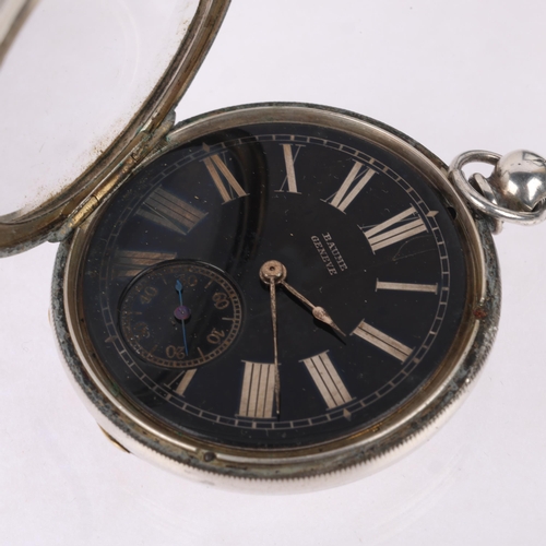 1049 - BAUME - a Swiss fine silver open-face keyless fob watch, black dial with gilt Roman numeral hour mar... 