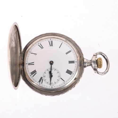 1051 - LONGINES - an Art Nouveau Continental silver full hunter keyless pocket watch, white enamel dial wit... 