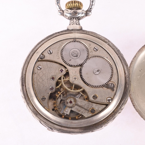 1051 - LONGINES - an Art Nouveau Continental silver full hunter keyless pocket watch, white enamel dial wit... 