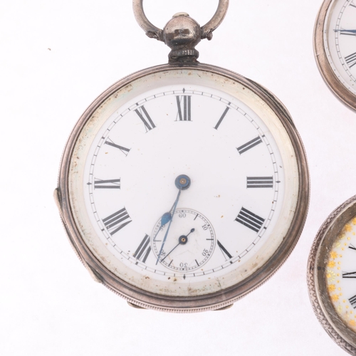 1054 - 3 silver pocket watches, a silver wristwatch head, and a silver plated sovereign case (5)