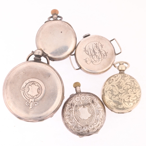 1054 - 3 silver pocket watches, a silver wristwatch head, and a silver plated sovereign case (5)