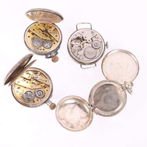 1054 - 3 silver pocket watches, a silver wristwatch head, and a silver plated sovereign case (5)