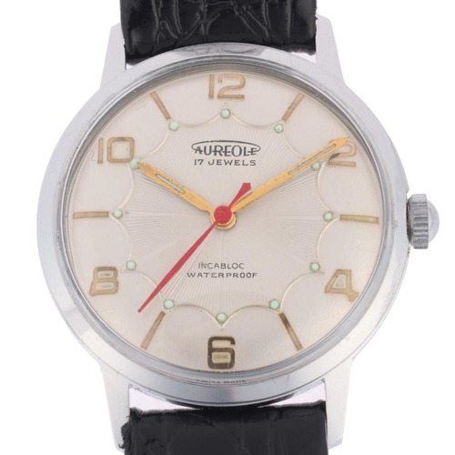 1061 - AUREOLE - a Vintage stainless steel mechanical wristwatch, silvered spiderweb dial with applied gilt... 