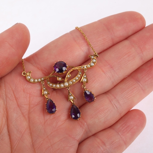 1100 - An Art Nouveau Edwardian 15ct gold amethyst and split pearl openwork pendant necklace, circa 1905, t... 