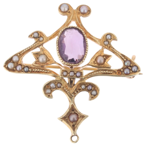 1101 - A 14ct gold amethyst and split pearl openwork brooch, in the Edwardian style, 31.7mm, 4.3g