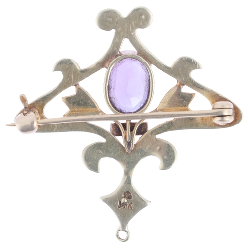 1101 - A 14ct gold amethyst and split pearl openwork brooch, in the Edwardian style, 31.7mm, 4.3g