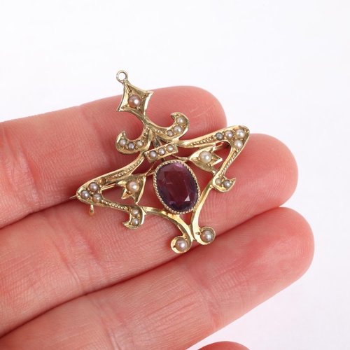 1101 - A 14ct gold amethyst and split pearl openwork brooch, in the Edwardian style, 31.7mm, 4.3g