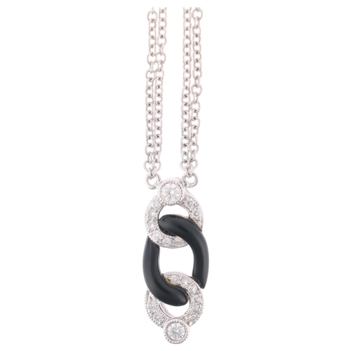 1104 - An 18ct white gold onyx and diamond cable pendant necklace, set with modern round brilliant-cut diam... 