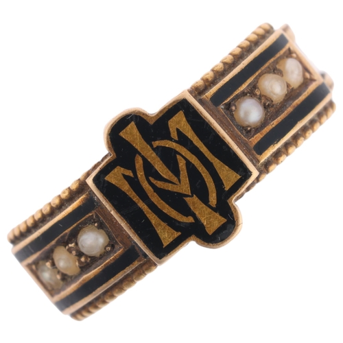 1105 - A Victorian 15ct gold split pearl and black enamel 'In Memory Of' mourning ring, maker H&S, the cent... 