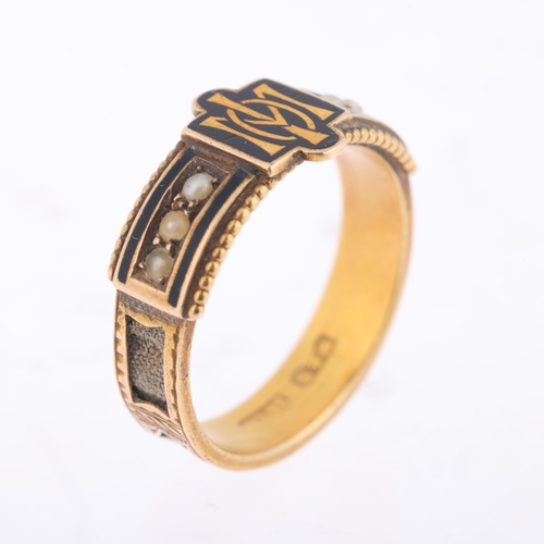 1105 - A Victorian 15ct gold split pearl and black enamel 'In Memory Of' mourning ring, maker H&S, the cent... 