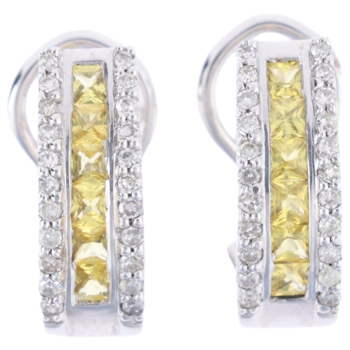 1106 - A pair of 9ct white gold yellow sapphire and diamond half hoop earrings, set with square-cut sapphir... 