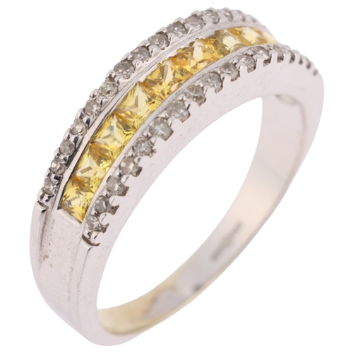 1107 - A 9ct white gold yellow sapphire and diamond half hoop ring, the triple row set with square-cut sapp... 