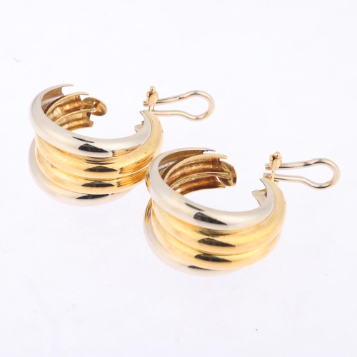 1109 - A pair of Italian 18ct two-colour gold hoop clip-on earrings, 25.3mm, 13.3g