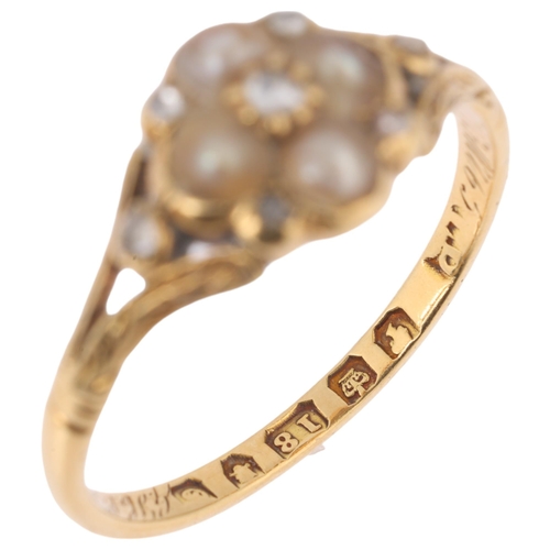 1111 - A Victorian 18ct gold split pearl and diamond mourning ring, indistinct maker, London 1842, the cent... 