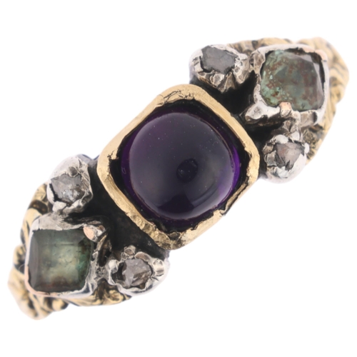 1114 - A Georgian amethyst chrysolite and diamond ring, centrally set with round cabochon amethyst flanked ... 