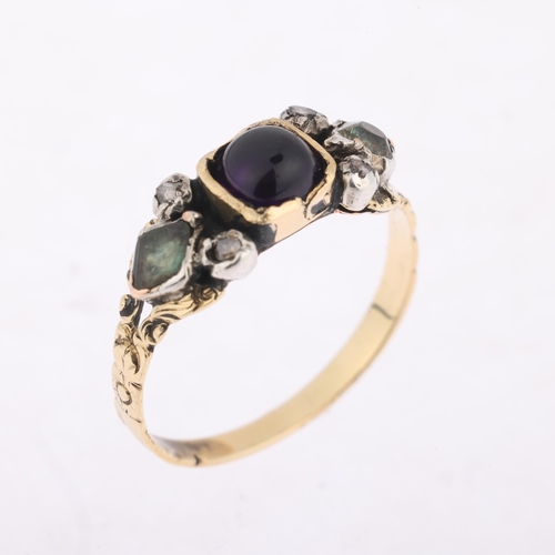 1114 - A Georgian amethyst chrysolite and diamond ring, centrally set with round cabochon amethyst flanked ... 