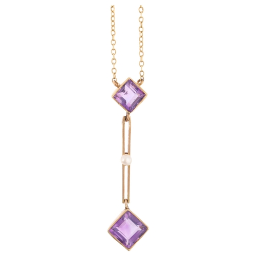 1115 - An Edwardian 15ct gold amethyst and pearl openwork pendant necklace, on integral 9ct fine cable link... 