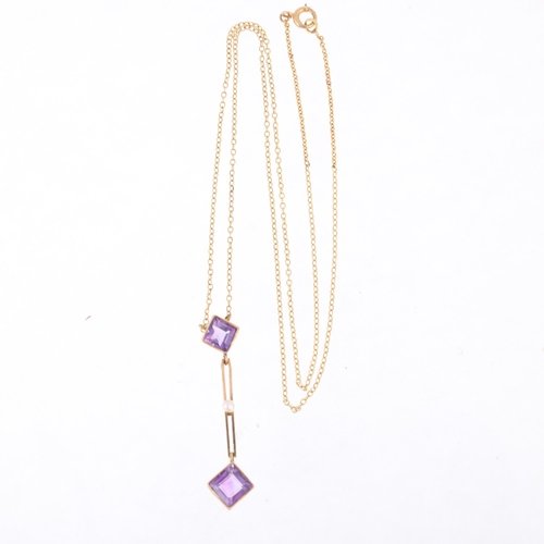 1115 - An Edwardian 15ct gold amethyst and pearl openwork pendant necklace, on integral 9ct fine cable link... 