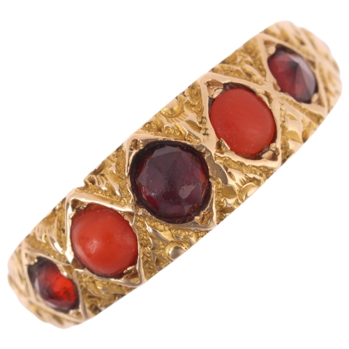 1119 - A Victorian 18ct gold five stone garnet and coral half hoop ring, indistinct hallmarks, chased lozen... 