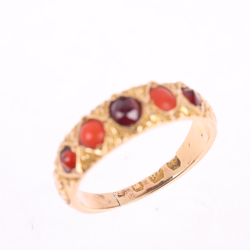 1119 - A Victorian 18ct gold five stone garnet and coral half hoop ring, indistinct hallmarks, chased lozen... 