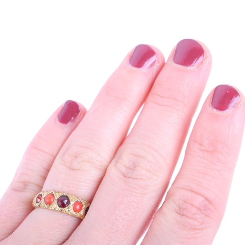 1119 - A Victorian 18ct gold five stone garnet and coral half hoop ring, indistinct hallmarks, chased lozen... 