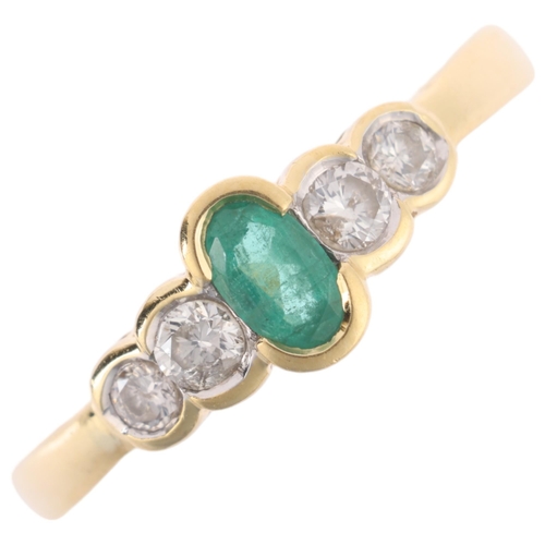 1120 - An 18ct gold five stone emerald and diamond ring, set with oval mixed-cut emerald and modern round b... 