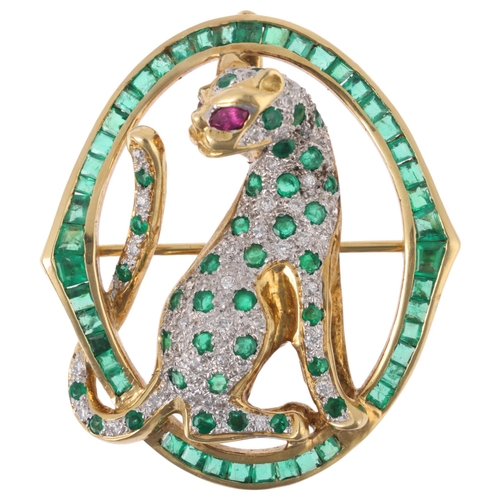 1121 - An 18ct gold emerald ruby and diamond panther brooch/pendant, the openwork oval frame set with squar... 