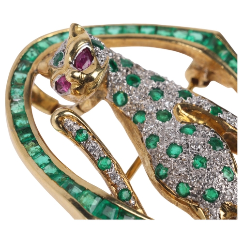 1121 - An 18ct gold emerald ruby and diamond panther brooch/pendant, the openwork oval frame set with squar... 