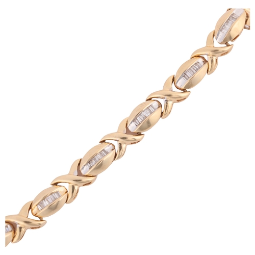 1126 - A modern diamond XO link tennis line bracelet, set with baguette-cut diamonds, apparently unmarked, ... 