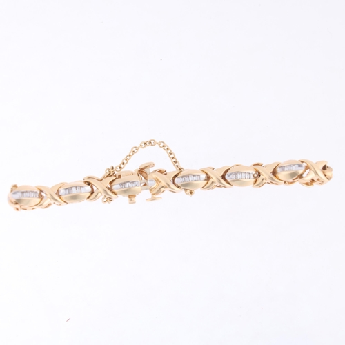 1126 - A modern diamond XO link tennis line bracelet, set with baguette-cut diamonds, apparently unmarked, ... 