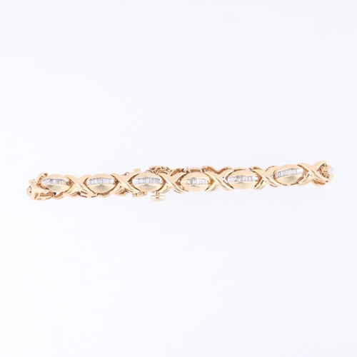 1126 - A modern diamond XO link tennis line bracelet, set with baguette-cut diamonds, apparently unmarked, ... 