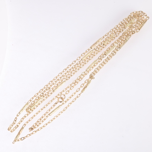 1132 - A Continental unmarked 9ct gold long fancy bark link sautoir chain necklace, unmarked but tests as 9... 