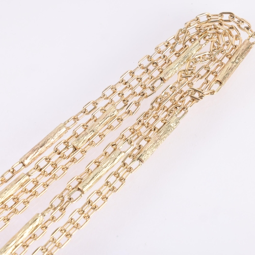 1132 - A Continental unmarked 9ct gold long fancy bark link sautoir chain necklace, unmarked but tests as 9... 