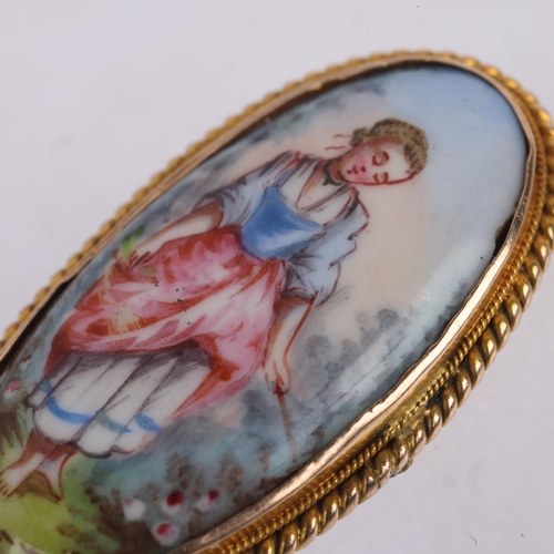 1134 - A 19th century miniature hand painted enamel on copper panel, depicting lady in a forest, in unmarke... 