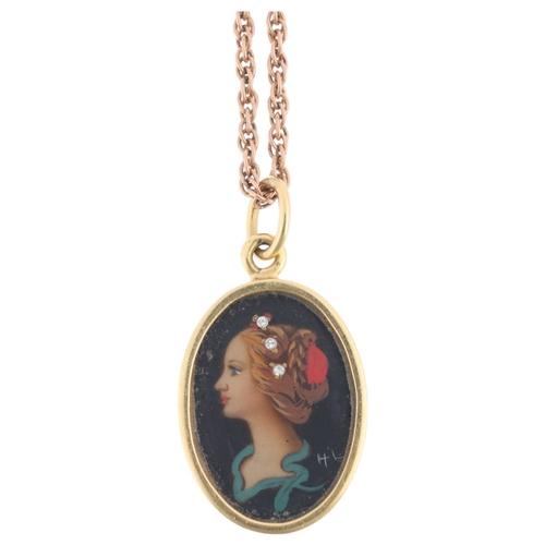 1135 - An Italian 18ct gold miniature watercolour portrait pendant necklace, the hand painted enamel panel ... 