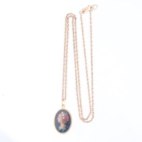 1135 - An Italian 18ct gold miniature watercolour portrait pendant necklace, the hand painted enamel panel ... 