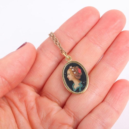 1135 - An Italian 18ct gold miniature watercolour portrait pendant necklace, the hand painted enamel panel ... 