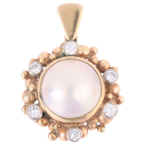 1137 - A 9ct gold Mabe pearl and diamond flowerhead pendant, indistinct maker, London 1999, 28.6mm, 6.2g