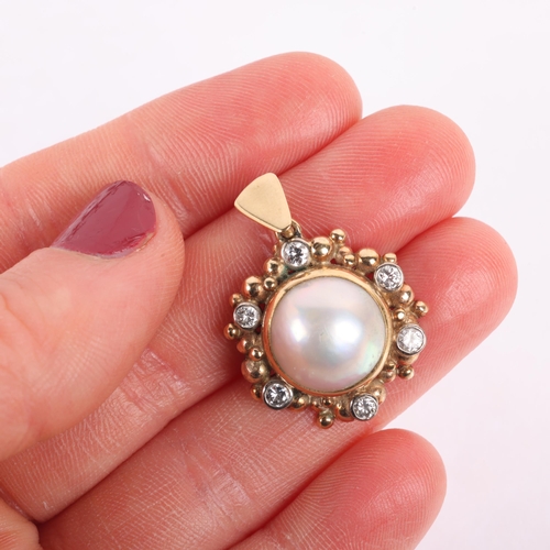 1137 - A 9ct gold Mabe pearl and diamond flowerhead pendant, indistinct maker, London 1999, 28.6mm, 6.2g