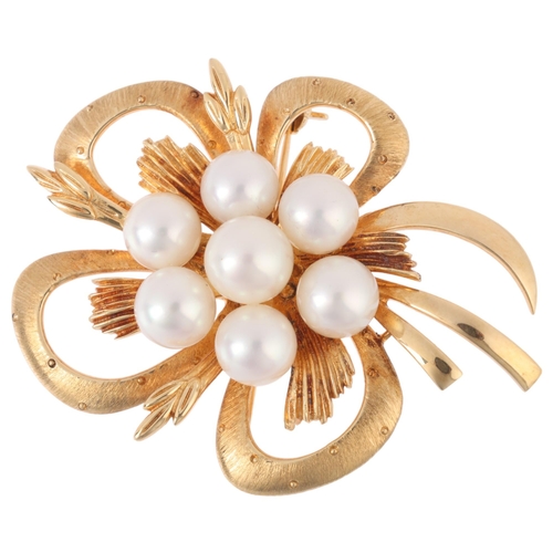 1138 - MIKIMOTO - a Vintage 14ct gold whole cultured pearl flowerhead brooch, signed with maker's mark, 47.... 